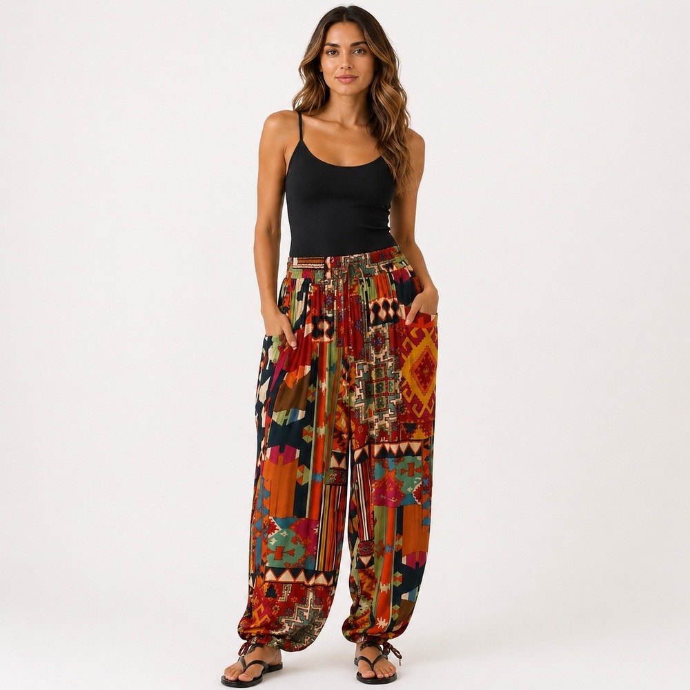 Christian Siriano Patchwork Harem Pants Medium Boho Tribal Festive Rayon Jogger
